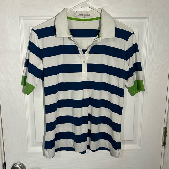 Nike Women's Size Medium Blue White Striped Short Sleeve Dri-Fit Golf Polo - Picture 1 of 12